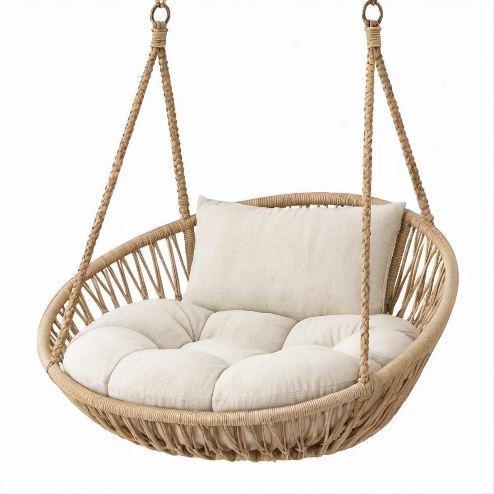 Cadeira Suspensa Redonda em Rattan Natural Bege com Almofadas Branco-Creme, 105 x 105 x 150 cm