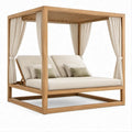 Cama de exterior dupla em madeira maciça de acácia natural com cortinas bege, 200 x 160 x 200 cm