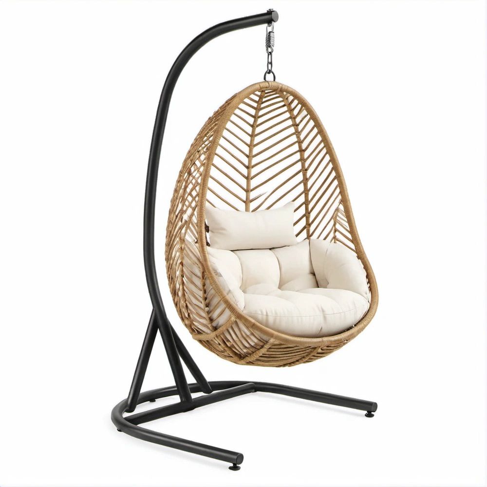 Cadeira Suspensa Oval em Vime Sintético Bege com Suporte Preto 95 x 95 x 195 cm