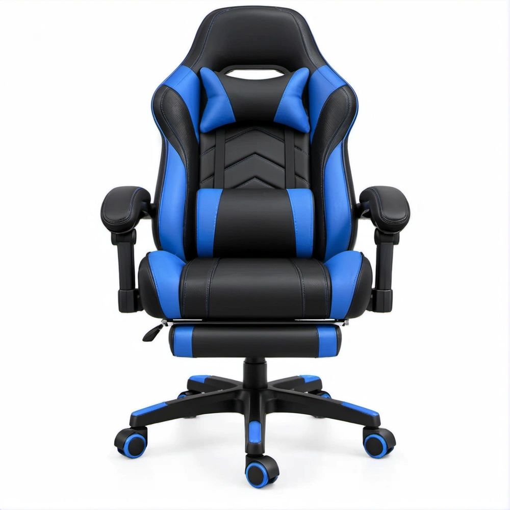 Cadeira Gaming Reclinável Preta e Azul em Pele Sintética PU com Apoio de Pés, 65 x 65 x 120-130 cm