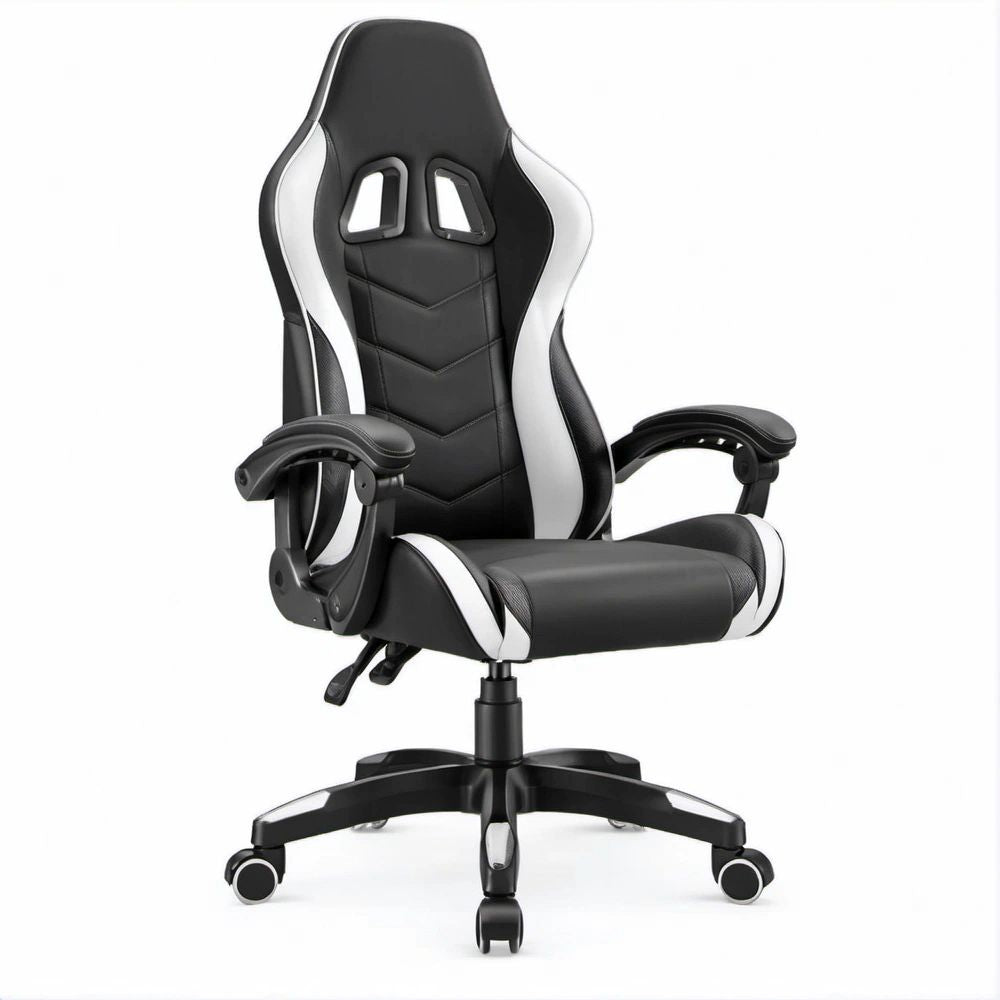Cadeira Gaming de Encosto Alto Preta e Branca em Pele Sintética PU, 64 x 64 x 118-128 cm