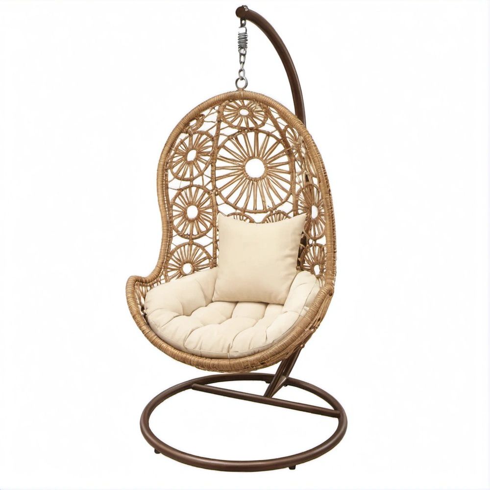 Cadeira Suspensa Oval em Rattan PE Castanho e Bege com Suporte de Aço 95 x 95 x 195 cm