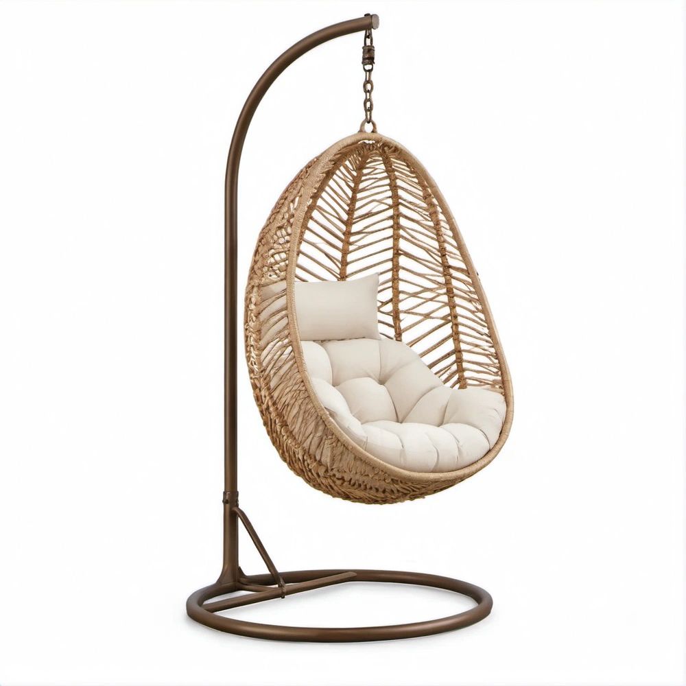 Cesto Suspenso Oval em Fibra PE Bege com Suporte em Aço Castanho, 95 x 95 x 195 cm