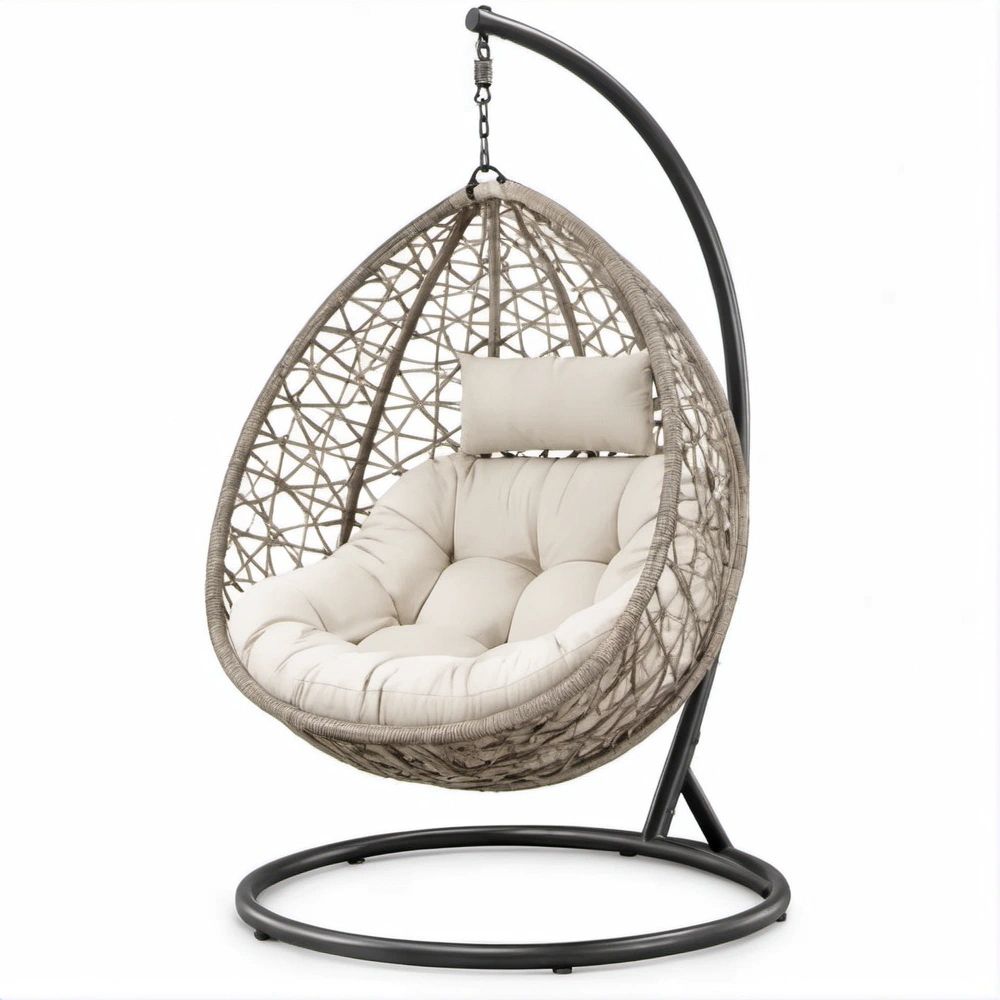 Cadeira Suspensa Oval Bege com Suporte Preto, 95 x 95 x 195 cm