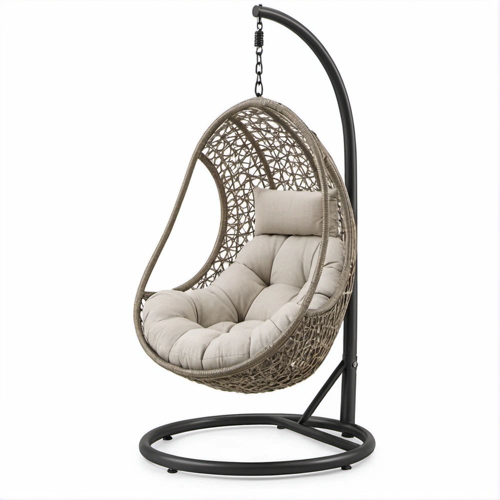 Cadeira Suspensa Oval em Rattan PE Taupe com Suporte Preto, 95 x 95 x 195 cm