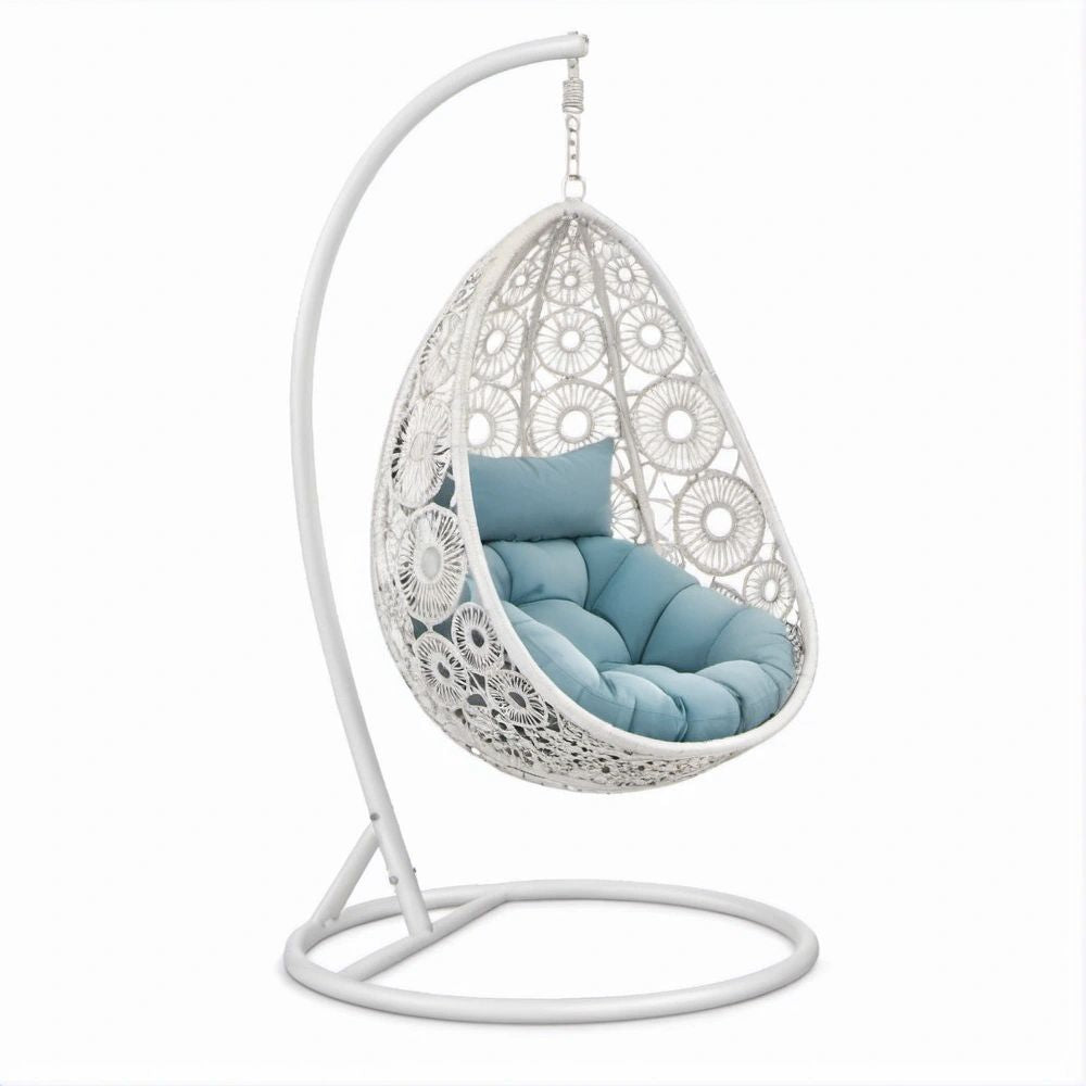 Cadeira Suspensa Oval Branca em Aço e PE com Almofadas Azul-Claro 195 x 105 x 115 cm