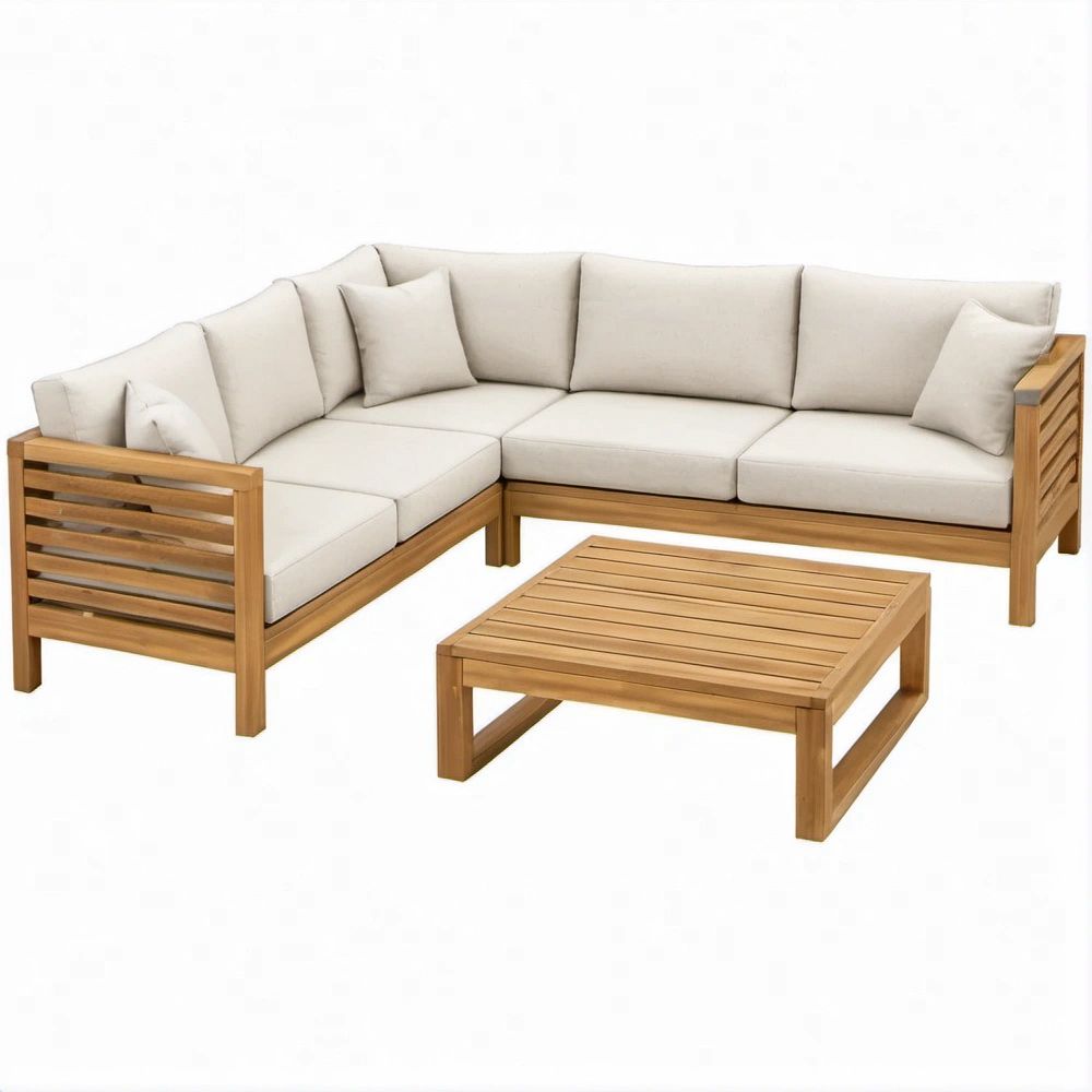 Conjunto de Canto em Madeira Maciça de Acácia com Almofadas Bege e Mesa de Centro, 220 x 220 x 75 cm