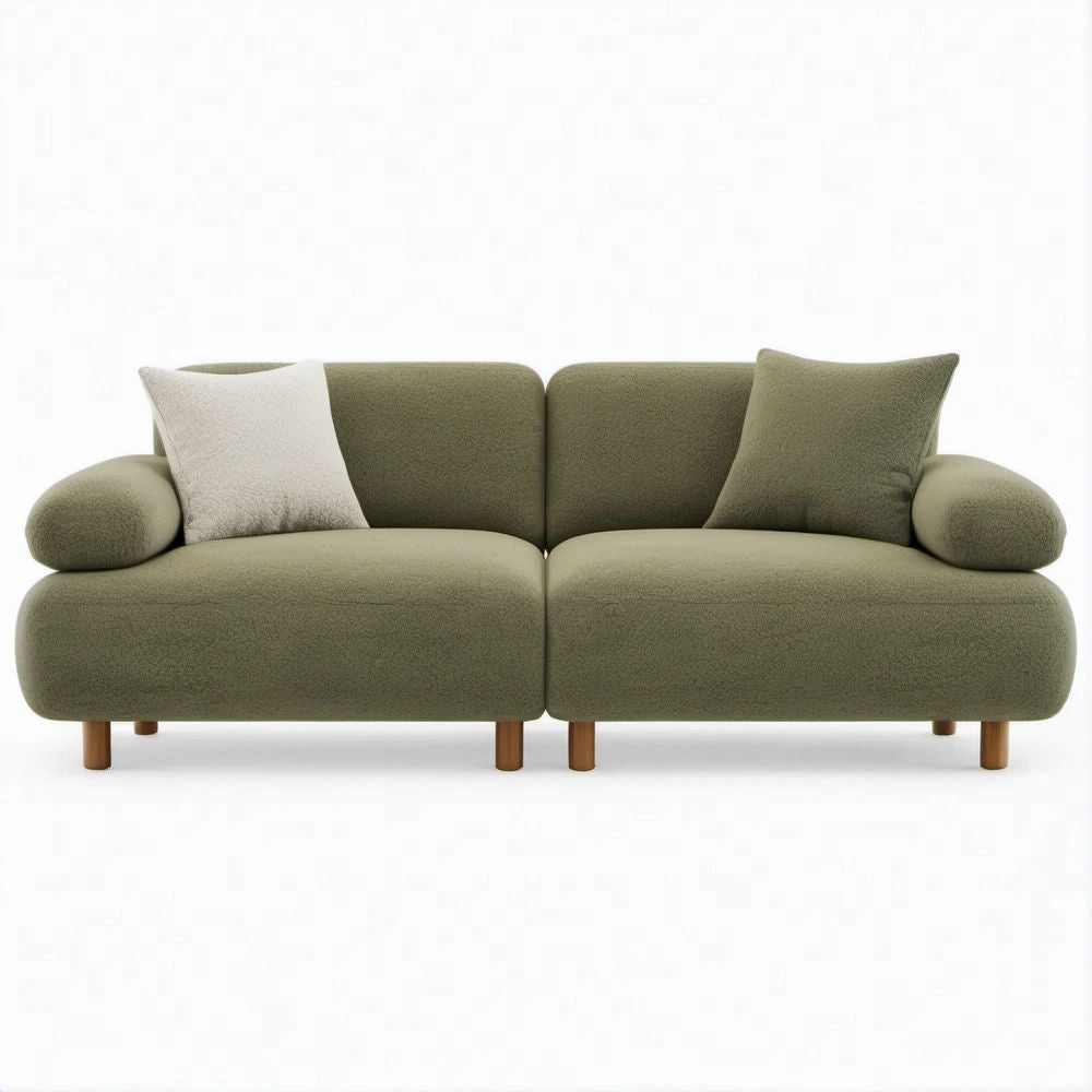 Sofá de 2 Lugares em Bouclé Verde-Oliva com Almofadas, 180 x 90 x 78 cm