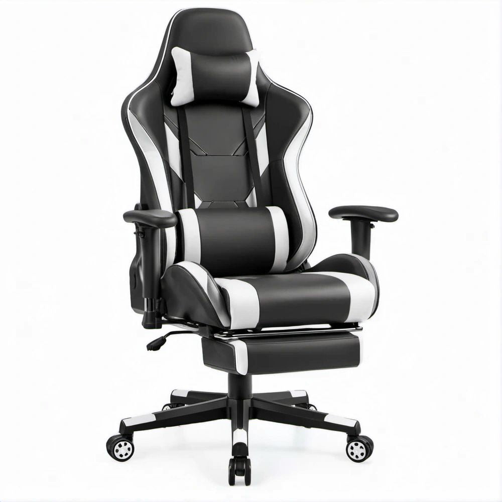 Cadeira de Gaming Reclinável Preta e Branca em Pele Sintética PU com Apoio de Pés, 66 x 66 x 118-128 cm