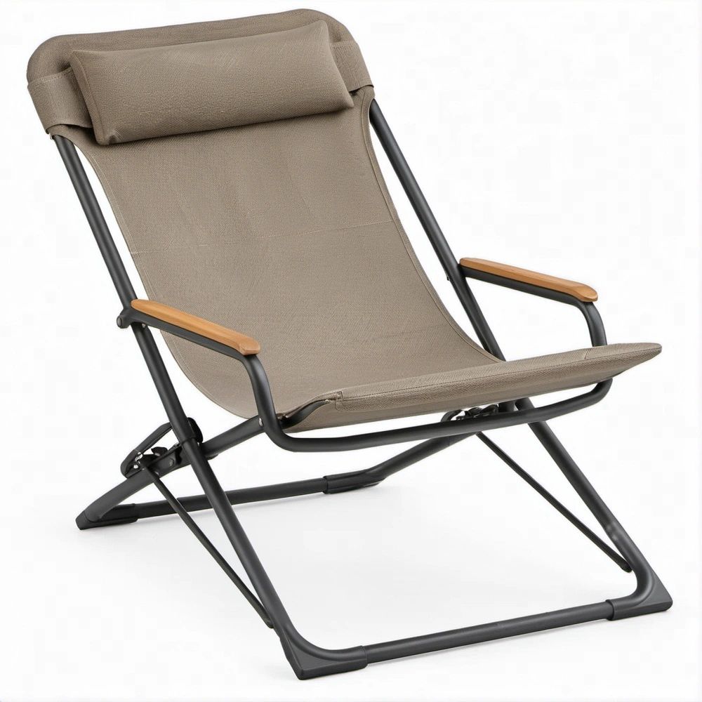 Espreguiçadeira Dobrável de Exterior Taupe e Preta em Aço e Poliéster, 67 x 90 x 95 cm
