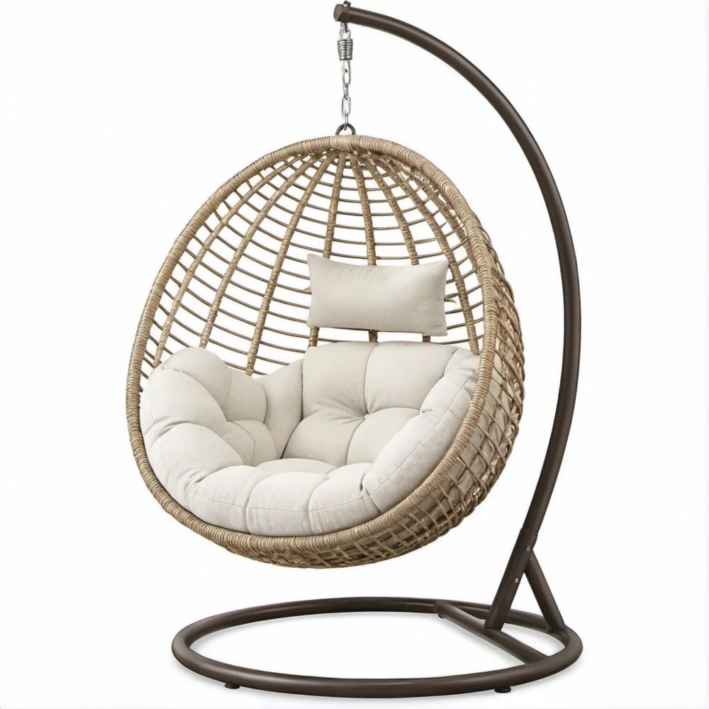 Cadeira Suspensa em Rattan PE Bege e Castanho com Suporte de Aço 105 x 95 x 195 cm