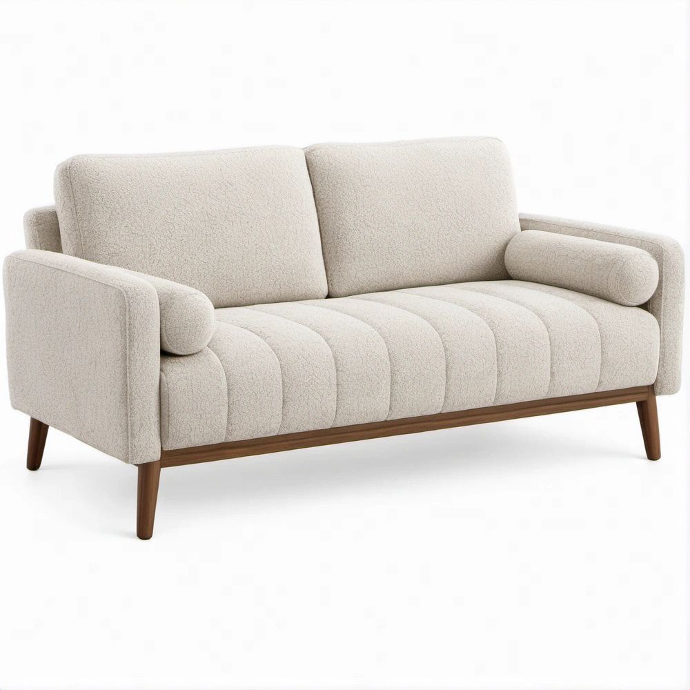 Sofá de 2 Lugares em Bouclé Creme com Pés em Madeira Castanho-Nogueira, 150 x 85 x 82 cm