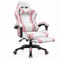 Cadeira de Gaming Reclinável com Apoio para Pés Extensível Branca e Rosa, 66 x 66 x 117-127 cm