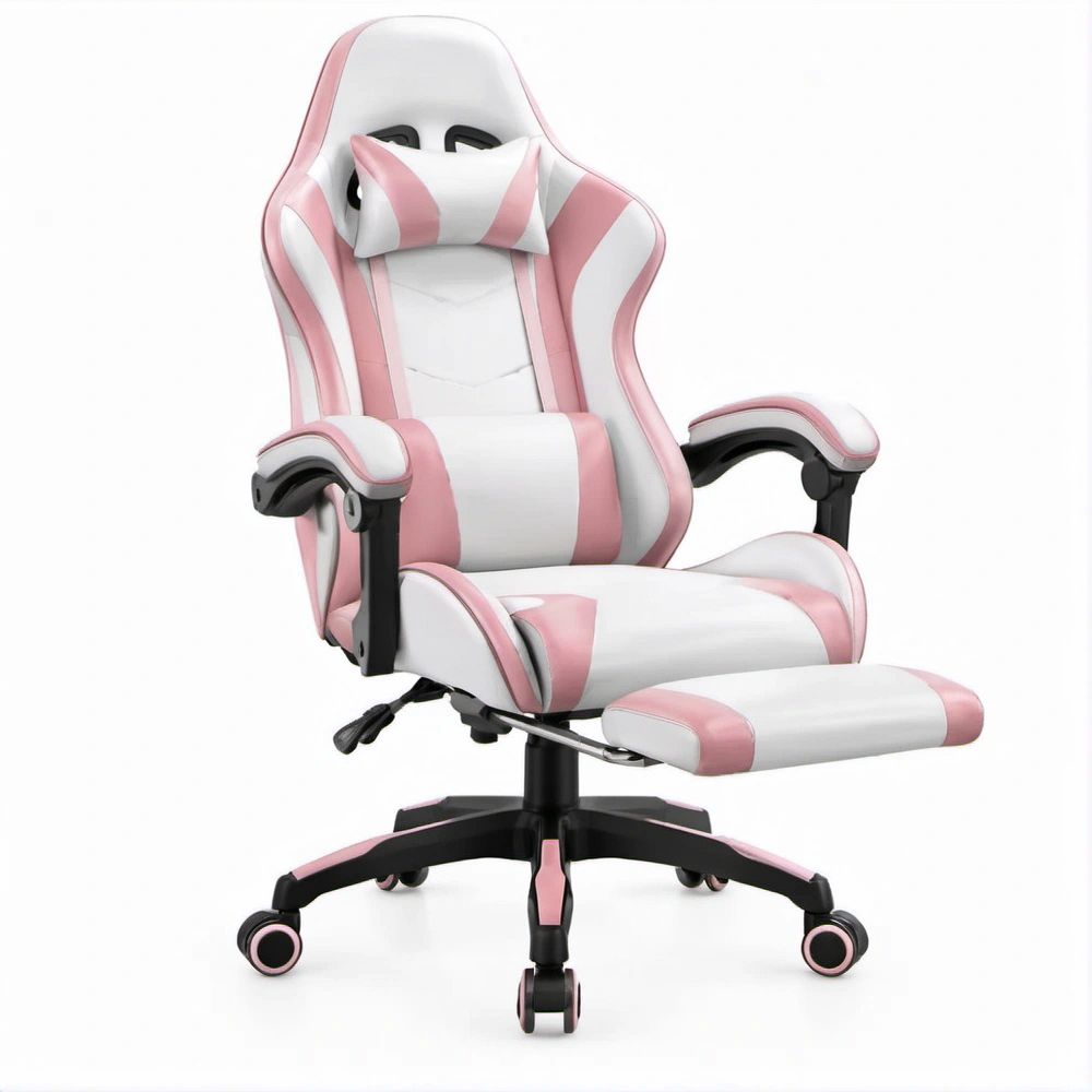 Cadeira de Gaming Reclinável com Apoio para Pés Extensível Branca e Rosa, 66 x 66 x 117-127 cm